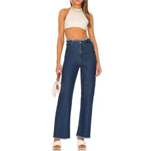 WeWoreWhat Indigo Denim True Blue Frayed Straight Wide Leg Raw Hem Jeans Size 26